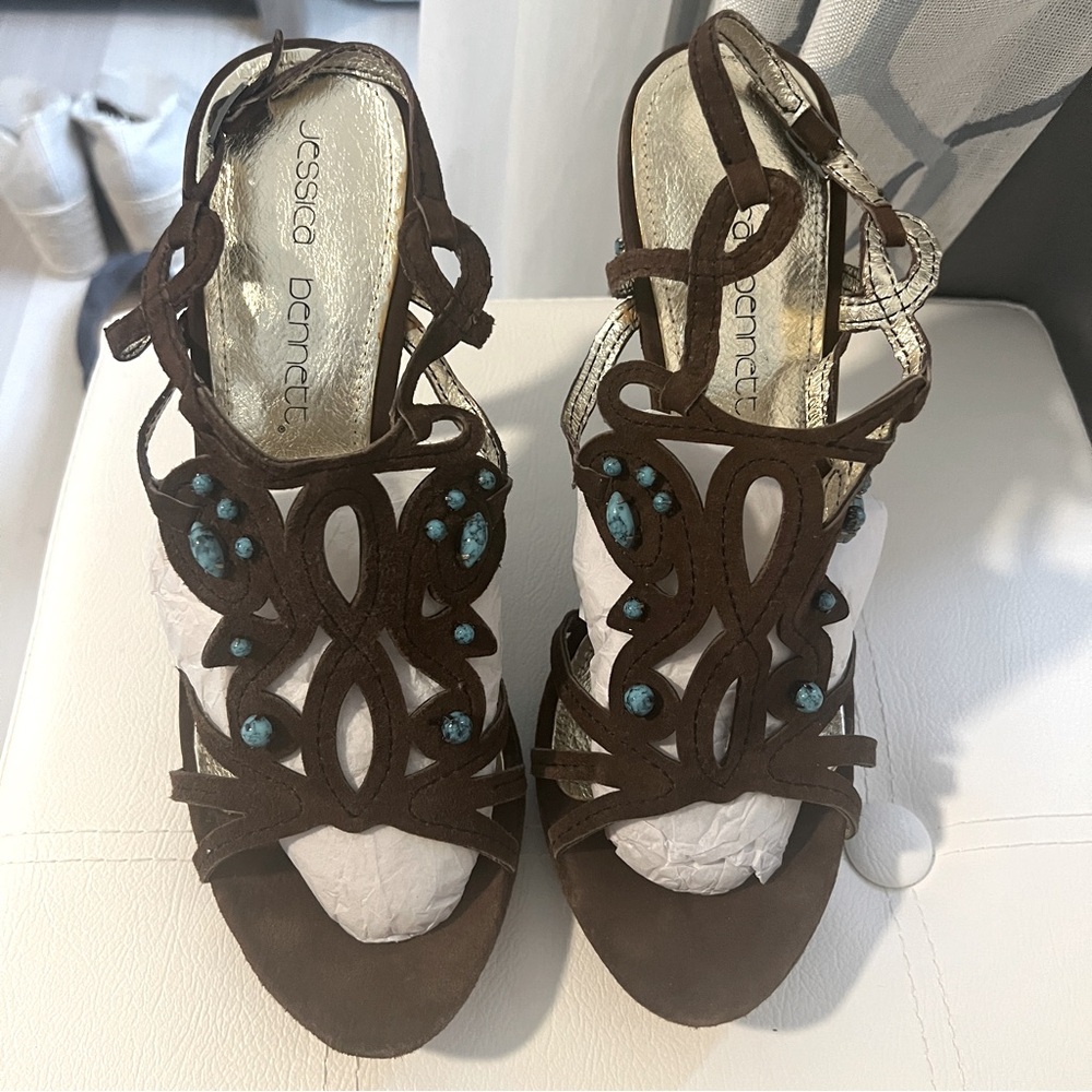 High heel open toe brown suede pumps with turquoise beading approx 4 inch heel